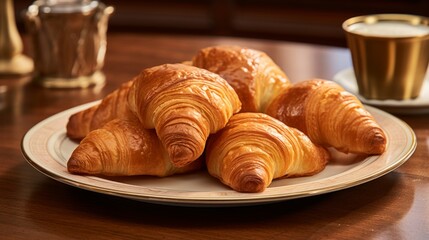 French-style croissants, freshly baked and arranged on a platter with a golden-brown hue Generative AI