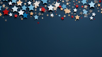 Experience the Joy of Independence Day: Glimmering Stars, Confetti, and Patriotic Colors on a Blue Surface with Ample Text Space for Promotion - Perfect for Holiday Decorations and Festive Banners.