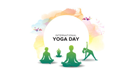 Vector illustration of yoga. International yoga day, 21st June celebration concept and sun rise background.