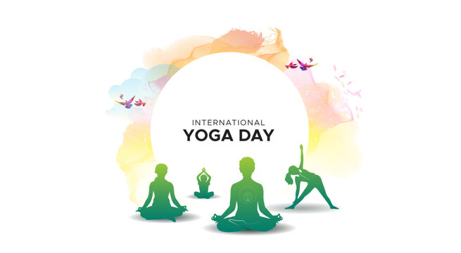 Vector illustration of yoga. International yoga day, 21st June celebration concept and sun rise background. - Powered by Adobe