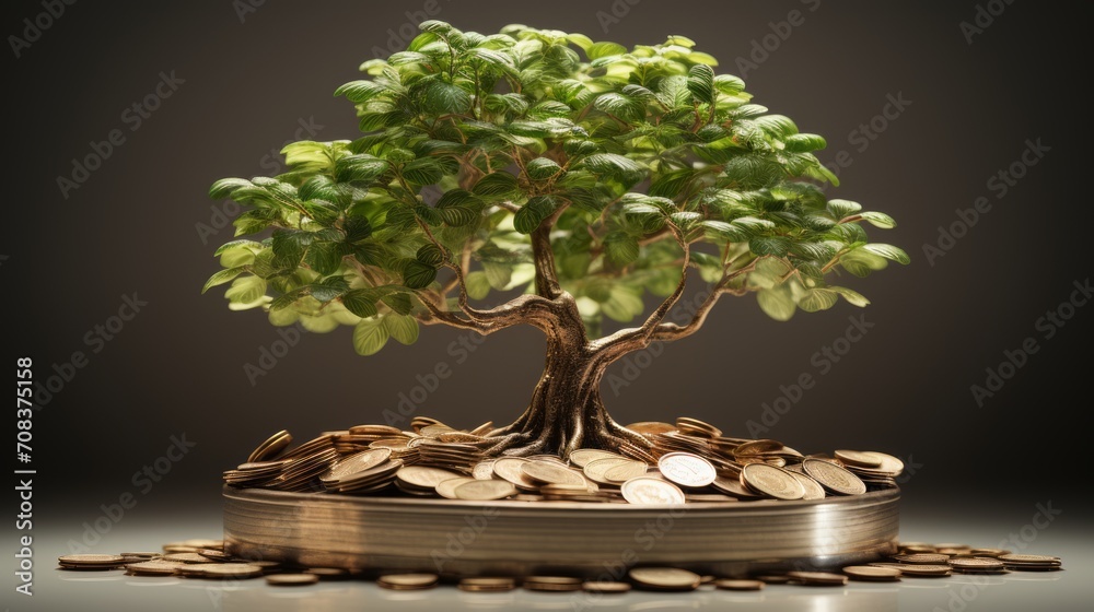 Poster Hyper-realistic scene presenting a tree on a white background symbolizing the potency of capital growth positioned next to a coin. Lifelike and detailed representation illustrating the intertwining of