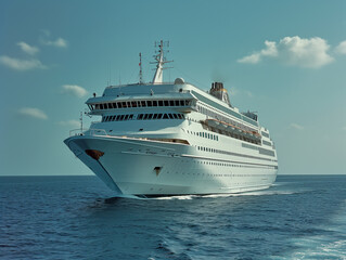 a white cruise ship sailing near a clear blue sky