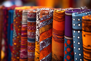 Close-up of African print textiles. Cultural identity and fashion concept. Design for textile industry, fashion design, cultural heritage