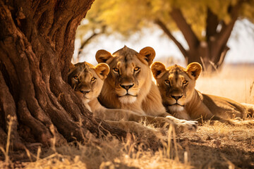Three lions under tree shade in savanna. Wildlife and nature preservation concept. African safari scene for poster, educational material