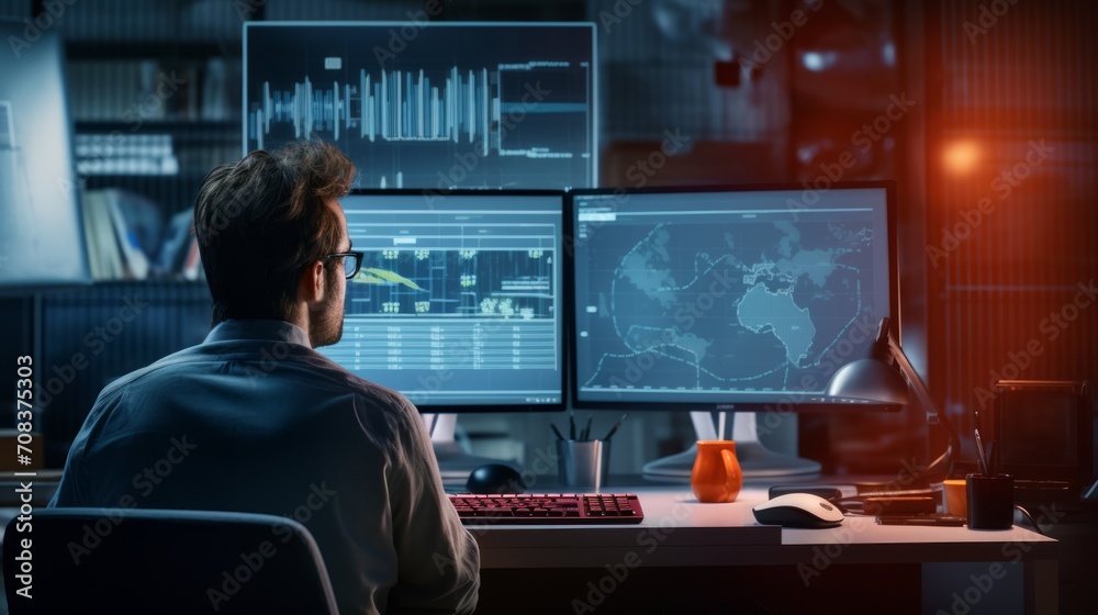 Poster journalist analyzing data on a computer screen, in-depth research, surrounded by reports and documen