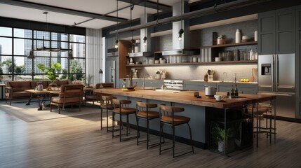 Intricate rendering of a loft-style kitchen with an open layout, exposed ductwork, and urban chic design elements. photorealistic Generative AI