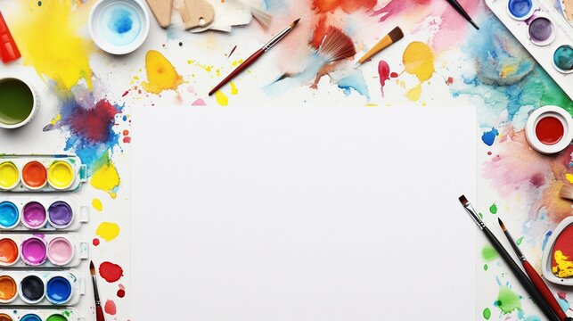 Explore the Joy of Artful Learning: School Supplies and Watercolors in Vibrant Top-View Composition for Creative Minds