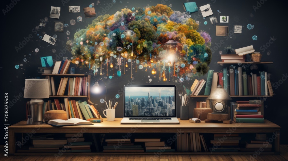 Aufkleber Library table adorned with books and a laptop, representing the synergy between education technology and e-learning Generative AI