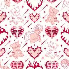 Blush pink seamless print. Vintage gothic rock love aesthetic. Tender angels and hearts in a fire, heart shaped barbed wire. Fun Anti Valentine's Day concept.