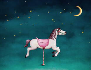 Fantasy Illustration or poster for invitation or announcement with a toy horse. 