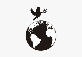 Icono de la paz global con la paloma de la paz potando una rama de olivo en el pico y volando sobre el planeta Tierra © Montsilus