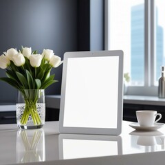 Mockup of a tablet screen on a table with tulips in a vase.
