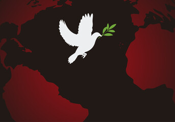 Paz en la Tierra. Paz global. Paz mundial. Paloma blanca de la paz portando una rama de olivo en el pico y sobrevolando una Tierra en conflicto