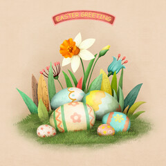 Greeting card or poster or invitation with spring fantasy lawn and flowers  , eggs for  Easter 