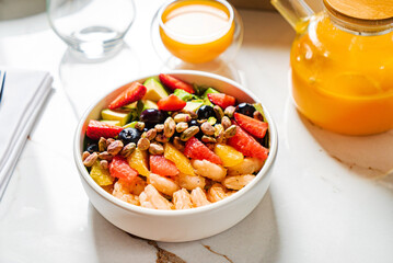 healthy bowl with fruits and shrimps