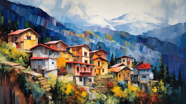 A Painting Of A House In The Mountains - Small Village in Boho Style