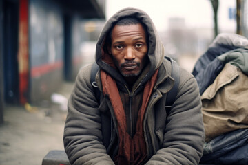 Thoughtful homeless man with layers of clothing sitting outside.