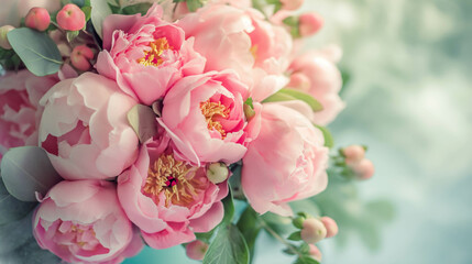 Bouquet of pink blooming peonies, holiday background, pastel and soft floral card, selective focus