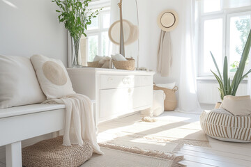 Einrichtung eines Flures, skandinavischer Stil, weiße Möbel, Textilien, modern, Spiegel, elegant und lakonisch
