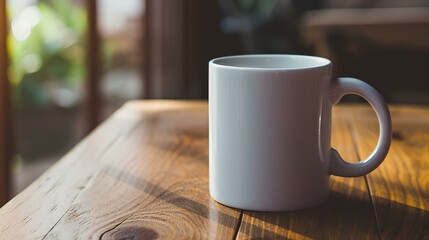 Fototapeta premium White cup, coffee mug on a table. mockup for designs. generative AI