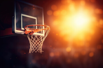 Basketball hoop against a blazing backdrop, suggesting an intense game or a moment of victory. - obrazy, fototapety, plakaty