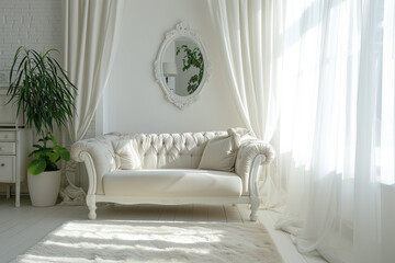 Einrichtung eines Wohnzimmers, skandinavischer Stil, weiße Möbel, Textilien, modern, Spiegel, elegant und lakonisch