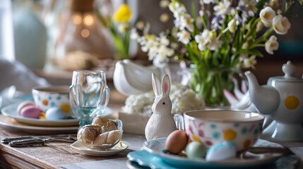 Beautiful Easter Table Setting with Flowers and Easter Eggs