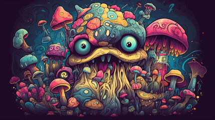 Photo cartoon psychedelic mushrooms monster colorful 7