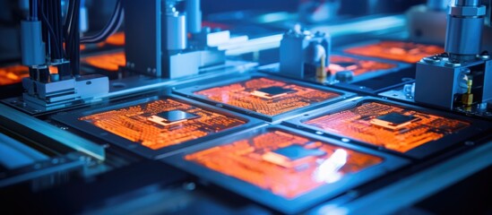 Attaching silicon dies to substrate using a machine in a semiconductor factory during the packaging process of computer chip manufacturing.