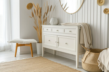 Einrichtung eines Flures, skandinavischer Stil, weiße Möbel, Textilien, modern, Spiegel, elegant und lakonisch