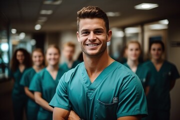Confident male nurse with arms crossed in front of a group of female nurses