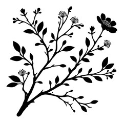 Black leaves and flowers with a branch, vector art, design element
