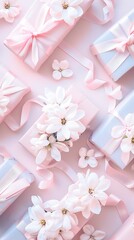 Delicate Pink Gift Boxes with White Flowers, Soft and Romantic Composition, greeting card, Celebrations and Events, copyspace.
