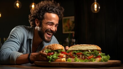 Middle Eastern man eating a large sandwich