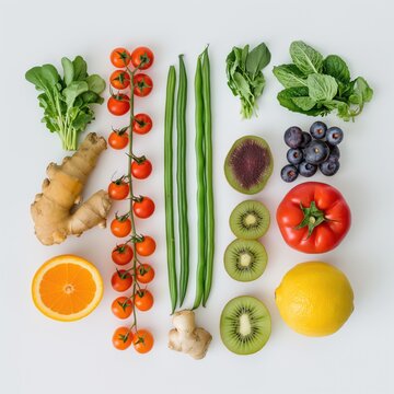 The image displays an assortment of fruits and vegetables on a light background, including tomatoes, an orange, green beans, herbs, kiwis, a large leaf, ginger, beetroot, a carrot, blueberries, a lemo