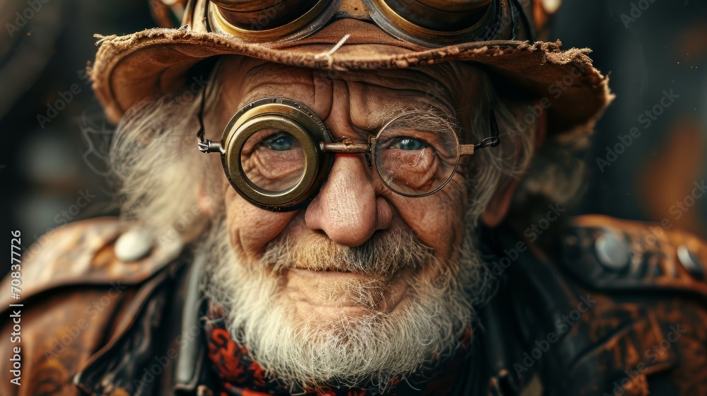 Aufkleber photo concept of an elderly post-apocalypse individual in steampunk attire, smiling and displaying r