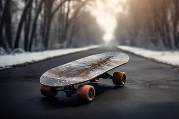 Rolgordijnen a skateboard on a snowy surface © ArtistUsman