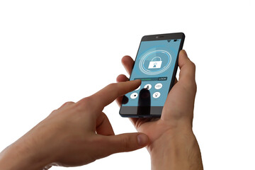 isolated woman hand holding the phone with system smart house