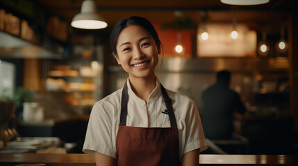 Asian female waitress smiling with confidence in restaurant.