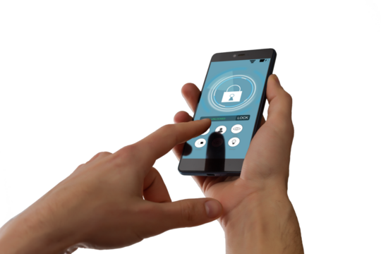 isolated woman hand holding the phone with system smart house
