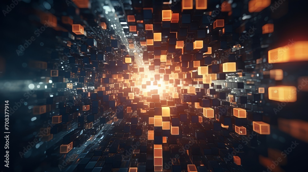 Poster pixelated elements converging to generate an abstract, mosaic-like backdrop. generative ai