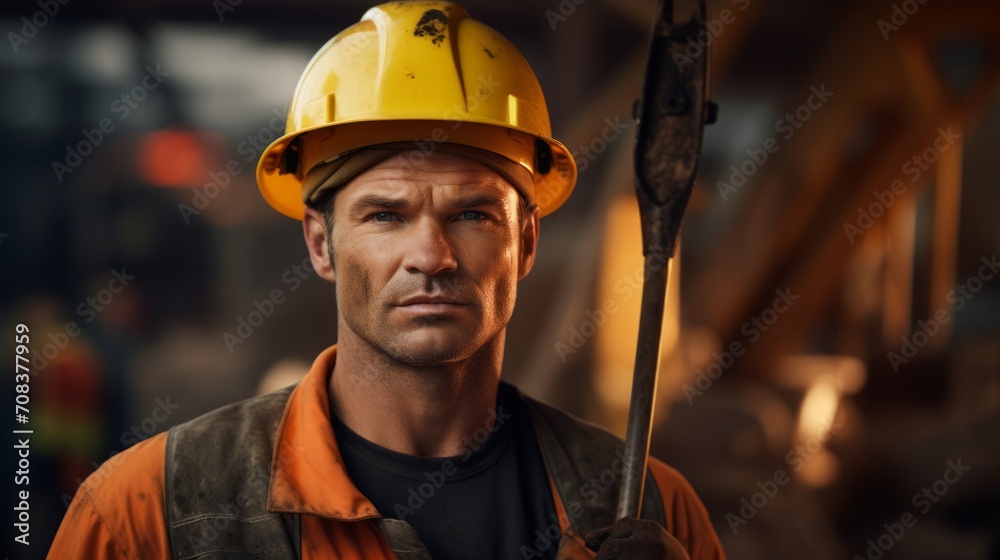 Poster Portrait of a builder with a shovel, ready for groundwork, construction materials and tools in the background Generative AI
