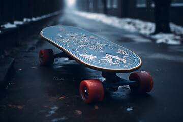 a skateboard on a snowy surface - obrazy, fototapety, plakaty
