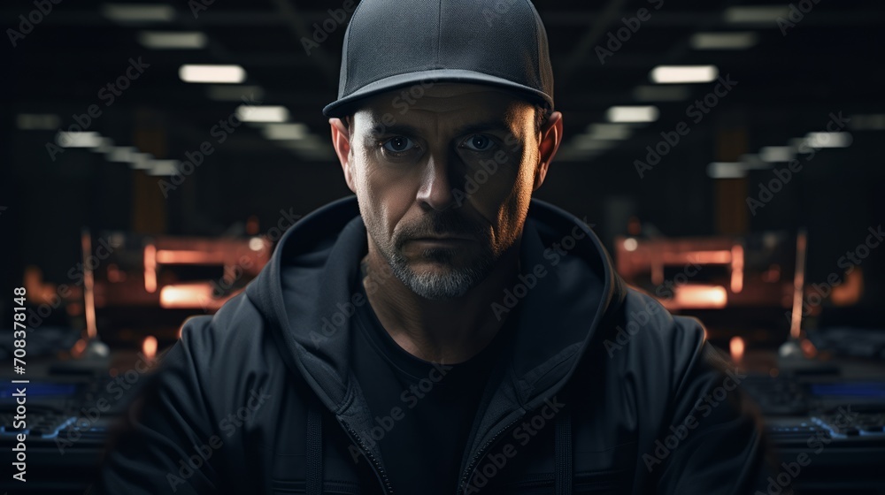 Poster Portrait of an auto mechanic with a laptop, conducting diagnostics, using technology for vehicle analysis in a workshop Generative AI