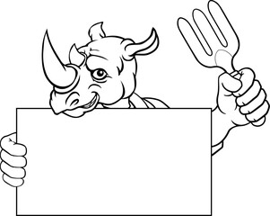 A gardener, farmer or handyman rhino cartoon mascot man holding a gardening tool