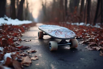 Fotobehang a skateboard on a snowy surface © ArtistUsman