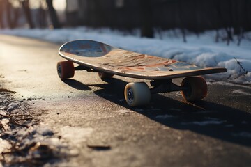 a skateboard on a snowy surface - obrazy, fototapety, plakaty