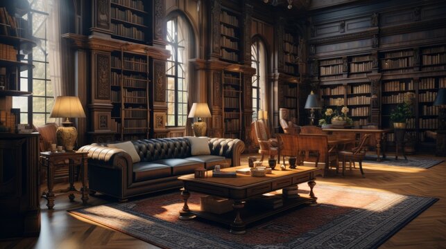 Prestigious library room filled with rare books and comfortable reading nooks. Generative AI