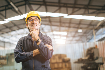 Senior worker engineer male standing thinking in warehouse factory building. Elder worker Planning...