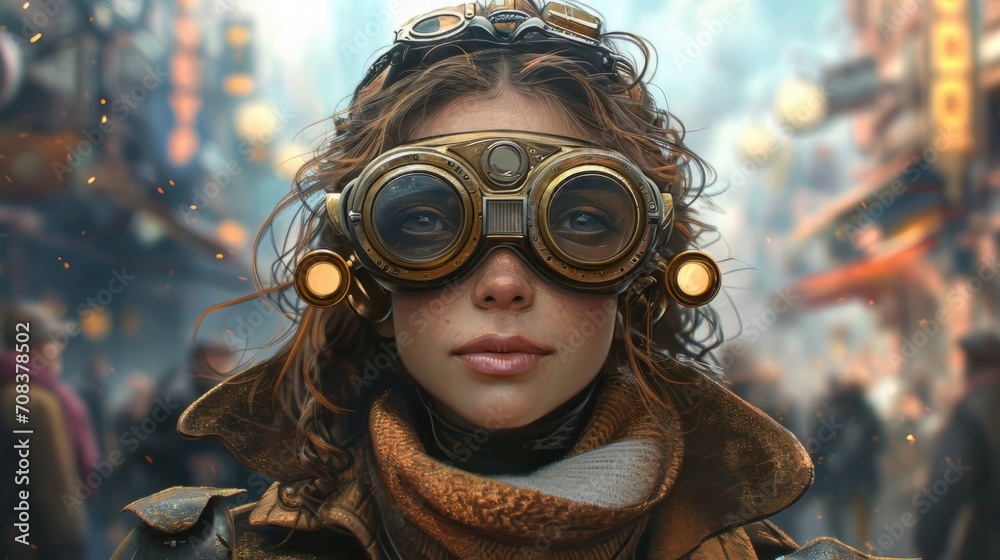 Poster realistic depiction of a post-apocalypse person wearing steampunk fashion, expressing joy and optimi
